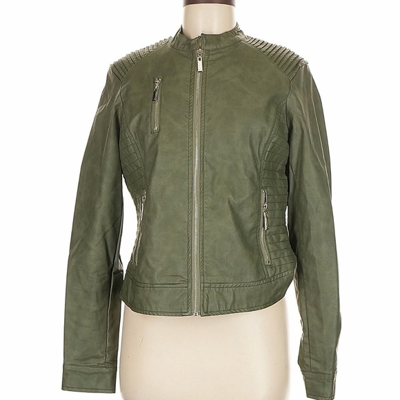 J2 Jackets & Blazers - J2 Faux Leather Moto Jacket Womens XS Green Zipper Pockets Retro Biker Vegan NEW